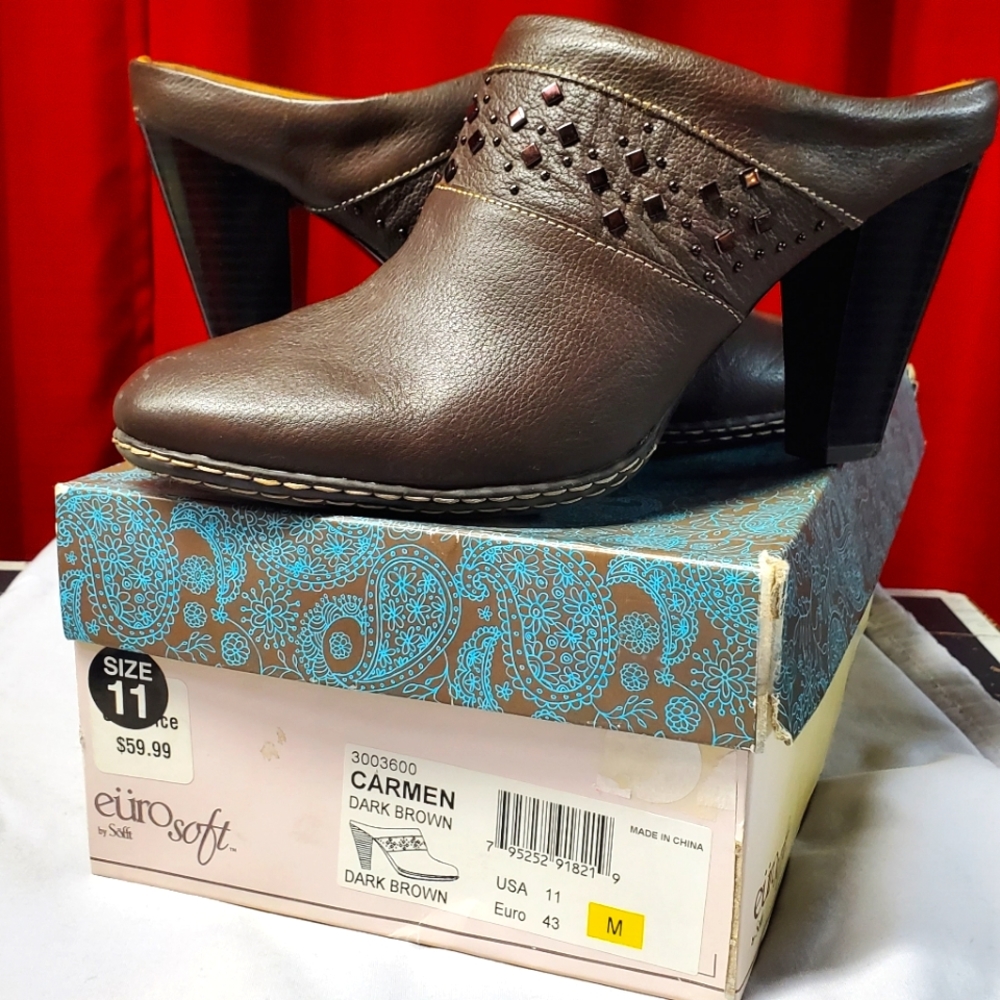 Size 11 Jeweled Heeled Leather Mules